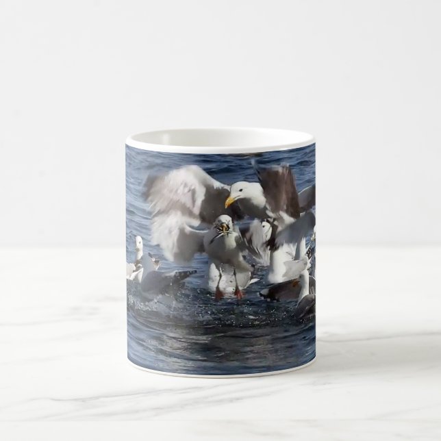 Seagulls Feeding Frenzy Over Ocean Coastal Wildlif Coffee Mug (Center)