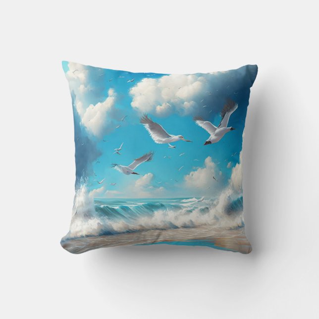 Seagulls flying above the Sandy Beach Cushion (Front)