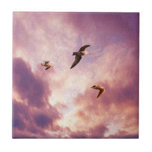 Seagulls flying in a sunset sky ceramic tile