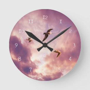 Seagulls flying in a sunset sky round clock