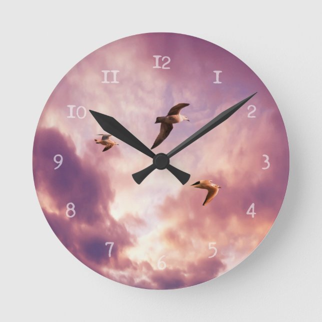 Seagulls flying in a sunset sky round clock (Front)