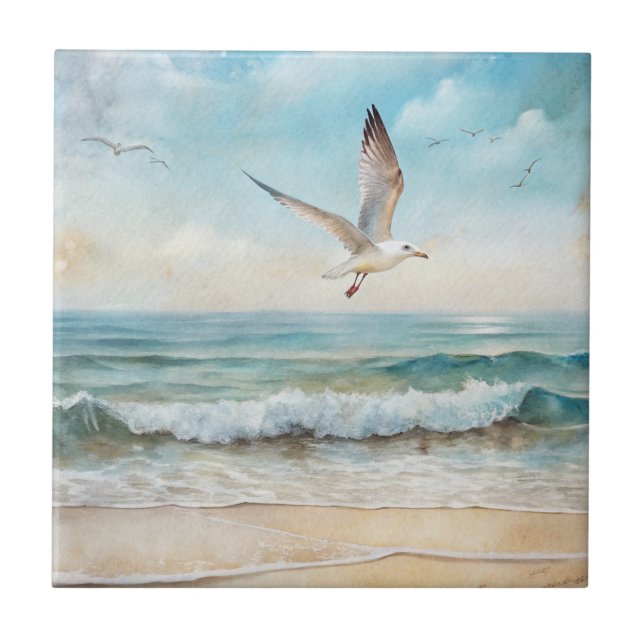 Seagulls Flying on a Beach Ceramic Tile (Front)