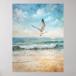 Seagulls Flying on a Beach Poster