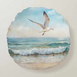 Seagulls Flying on a Beach Round Cushion