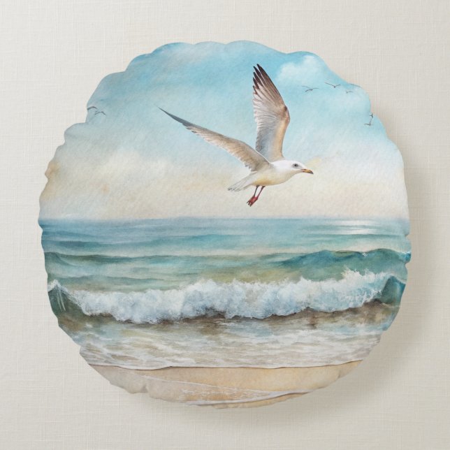 Seagulls Flying on a Beach Round Cushion (Front)