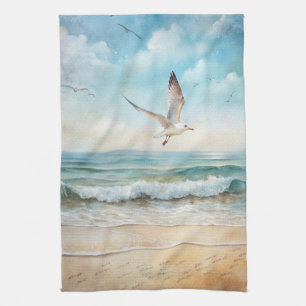 Seagulls Flying on a Beach Tea Towel