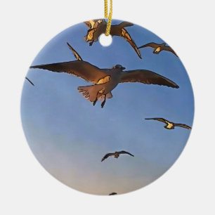 Seagulls In Flight Black Outline Art Ceramic Ornament