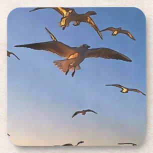 Seagulls In Flight Black Outline Art Coaster