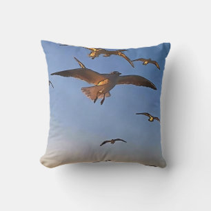 Seagulls In Flight Black Outline Art Cushion