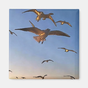 Seagulls In Flight Black Outline Art Magnet