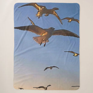 Seagulls In Flight Black Outline Art Sherpa Blanket