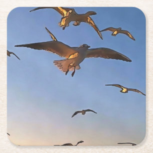 Seagulls In Flight Black Outline Art Square Paper Coaster