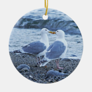 Seagulls Kissing on the Beach Photo Ceramic Ornament