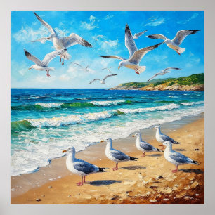 Seagulls on a Shoreline with Ocean Waves Poster