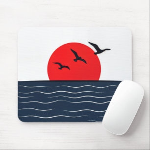 Seagulls on Red Sun with Ocean Mouse Pad