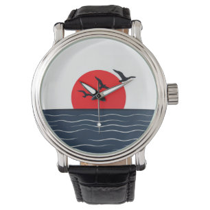 Seagulls on Red Sun with Ocean Watch