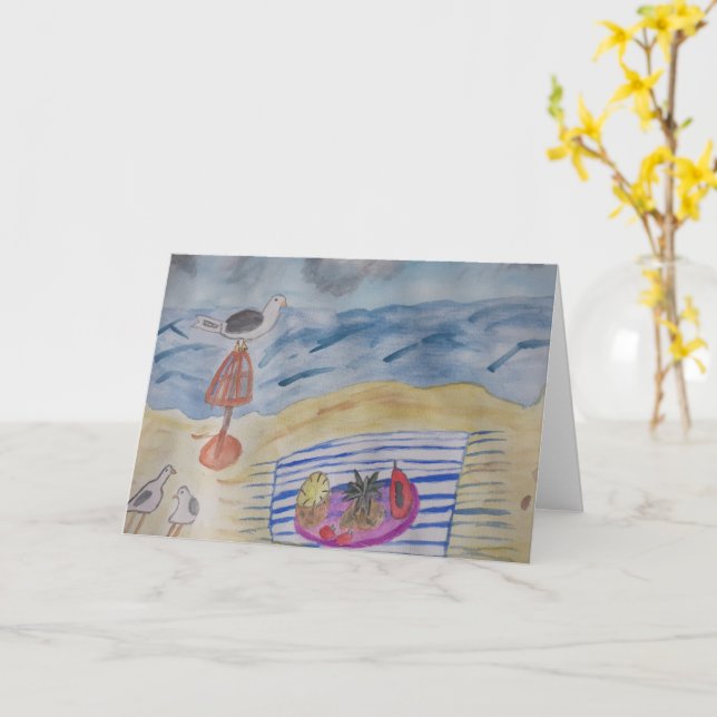 Seagulls on the Beach Greeting Card (Yellow Flower)