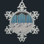 Seagulls on the beach of Fort Mahon in France. Snowflake Pewter Christmas Ornament<br><div class="desc">Black-headed Gull (Chroicocephalus ridibundus)  on the beach of Fort Mahon and beach cabins. Fort-Mahon-Plage is a commune in the Somme department in Hauts-de-France in northern France.</div>