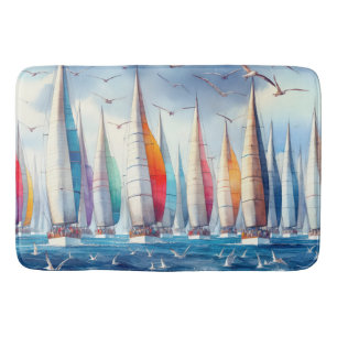 Seagulls Soaring With a Sailboat Regatta Bath Mat