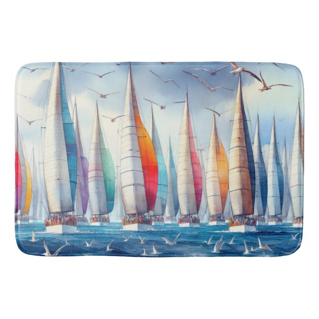 Seagulls Soaring With a Sailboat Regatta Bath Mat (Front)