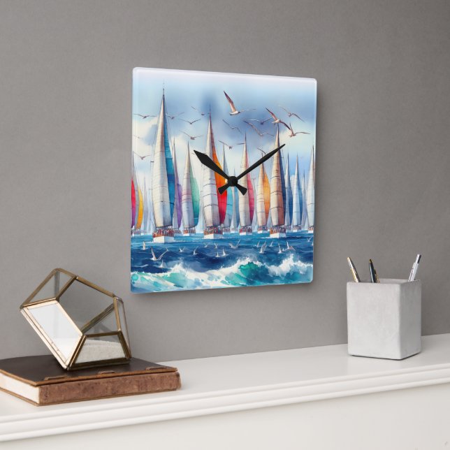 Seagulls Soaring With a Sailboat Regatta Square Wall Clock (Office)
