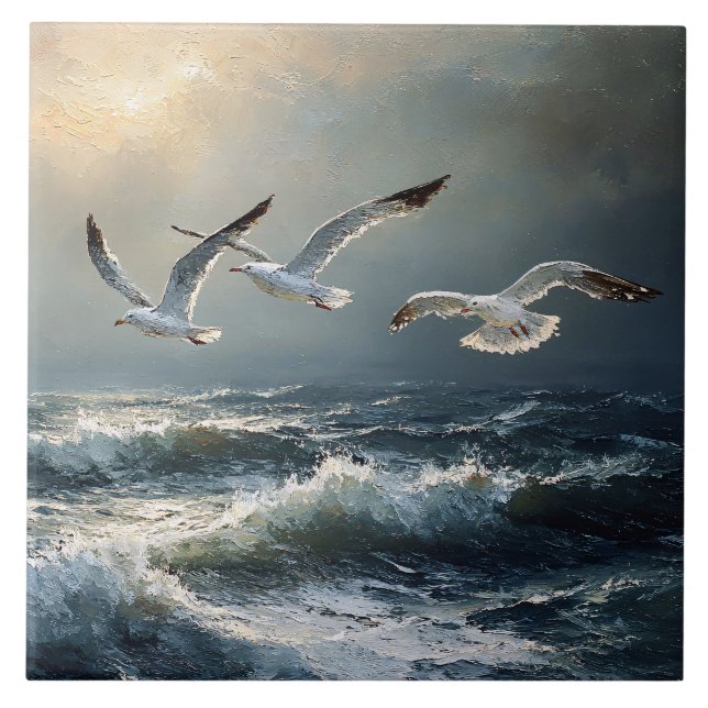 Seagulls Stormy Ocean Fine Art Ceramic Tile (Front)
