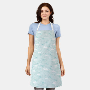 Seagulls, waves, clouds, lighthouses in soft blue apron