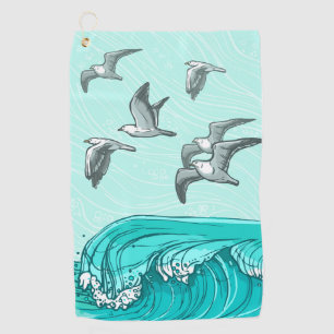 Seagulls waves ocean aqua blue golf towel