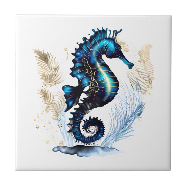 Seahorse 3D blue brown white beach marine aquatic Ceramic Tile (Front)