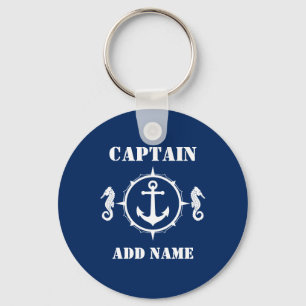 Seahorse Anchor Captain Add Name or Boat Name Blue Key Ring