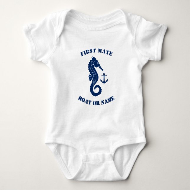 Seahorse Anchor First Mate Boat or Name Navy White Baby Bodysuit (Front)