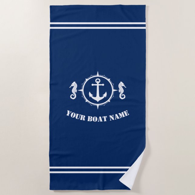 Seahorse Anchor with Boat Name on Navy Blue Beach Towel (Front)