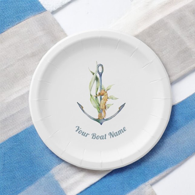 Seahorse and Anchor Nautical with Boat Name Paper Plate (Creator Uploaded)