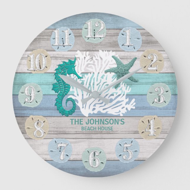 Seahorse and Beach Wood Nautical - Blue Teal Large Large Clock (Front)