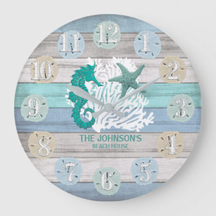 Seahorse and Beach Wood Nautical - Blue Teal Large Large Clock