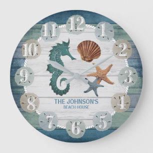 Seahorse and Beach Wood Nautical - Dark Blue Teal Large Clock