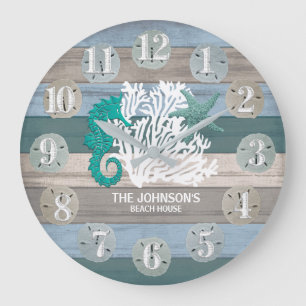Seahorse and Beach Wood Nautical - Dark Blue Teal  Large Clock
