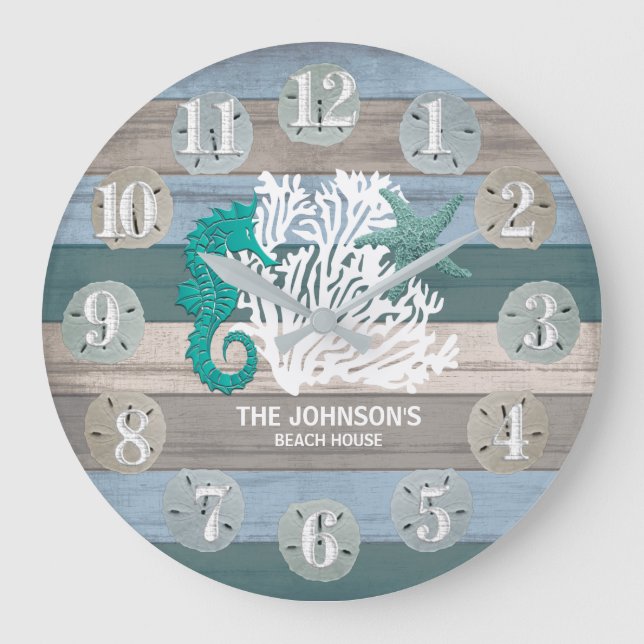 Seahorse and Beach Wood Nautical - Dark Blue Teal  Large Clock (Front)