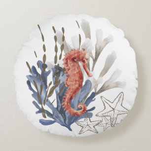 Seahorse and Coral Blue Orange Sealife Round Cushion