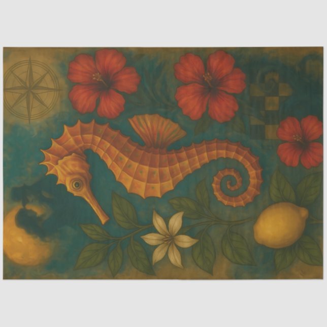 Seahorse and Hibiscus Nautical Fantasy Decoupage Tissue Paper (Front)