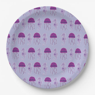 Seahorse and Jellyfish Purple Pattern Paper Plate