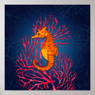 Seahorse and Red Fan Coral Poster