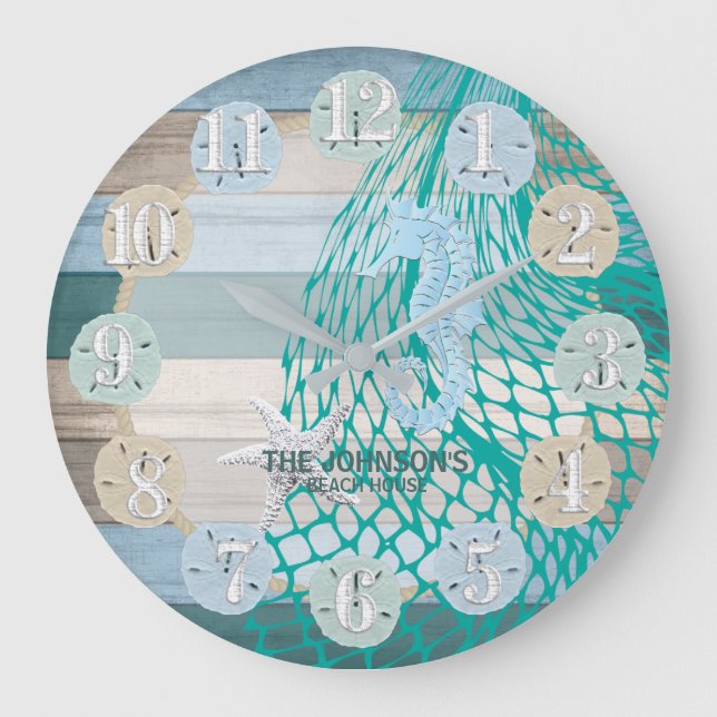 Seahorse and Sand Dollar Beach Wood- Blue Teal Large Clock (Front)