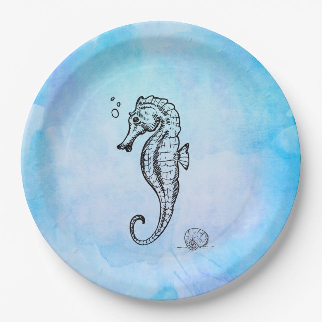 Seahorse and Seashell on Blue Watercolor Paper Plate (Front)