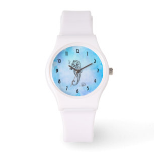 Seahorse and Seashell on Blue Watercolor Watch