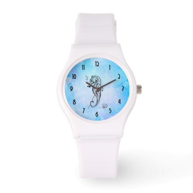 Seahorse and Seashell on Blue Watercolor Watch (Front)