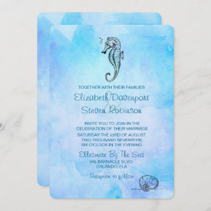 Seahorse and Seashell on Blue Watercolor Wedding Invitation