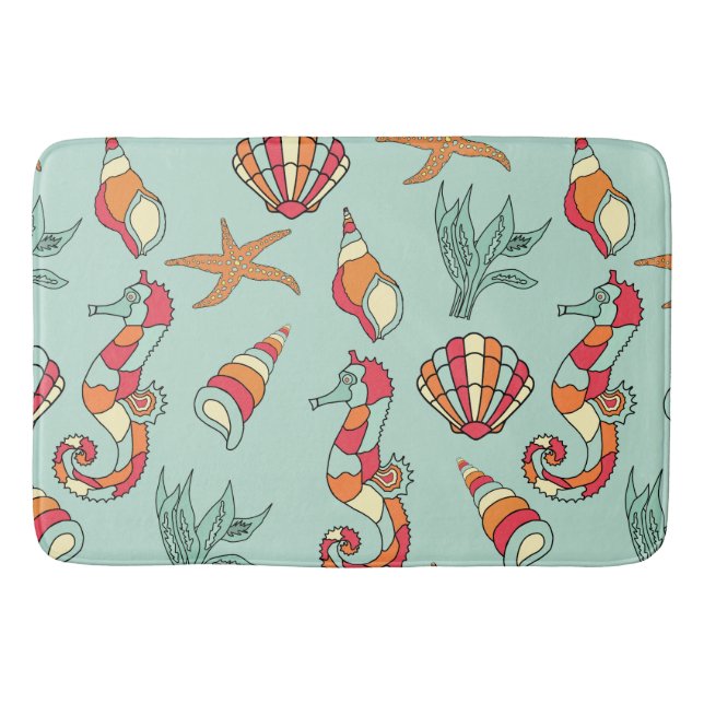 Seahorse and Seashell Pattern Teal Bath Mat (Front)