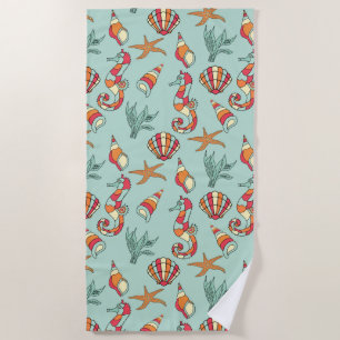 Seahorse and Seashell Pattern Teal Beach Towel