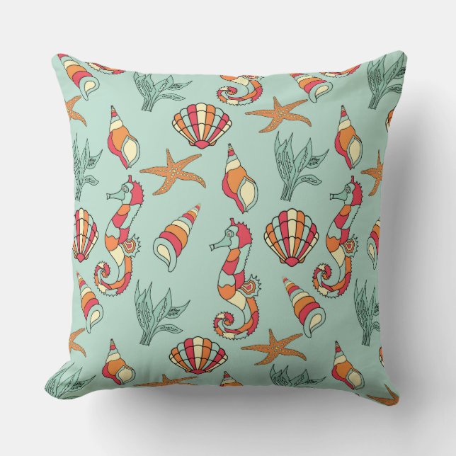 Seahorse and Seashell Pattern Teal Cushion (Front)